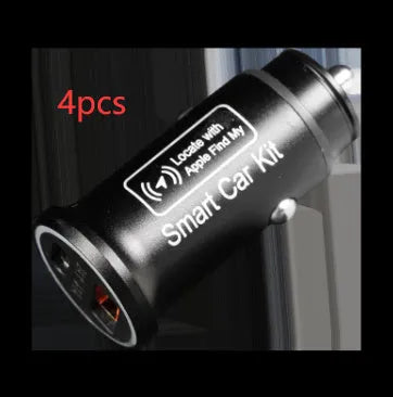 Black plug-in GPS car tracker with magnetic base, shown inserted into a vehicle's 12V lighter socket.