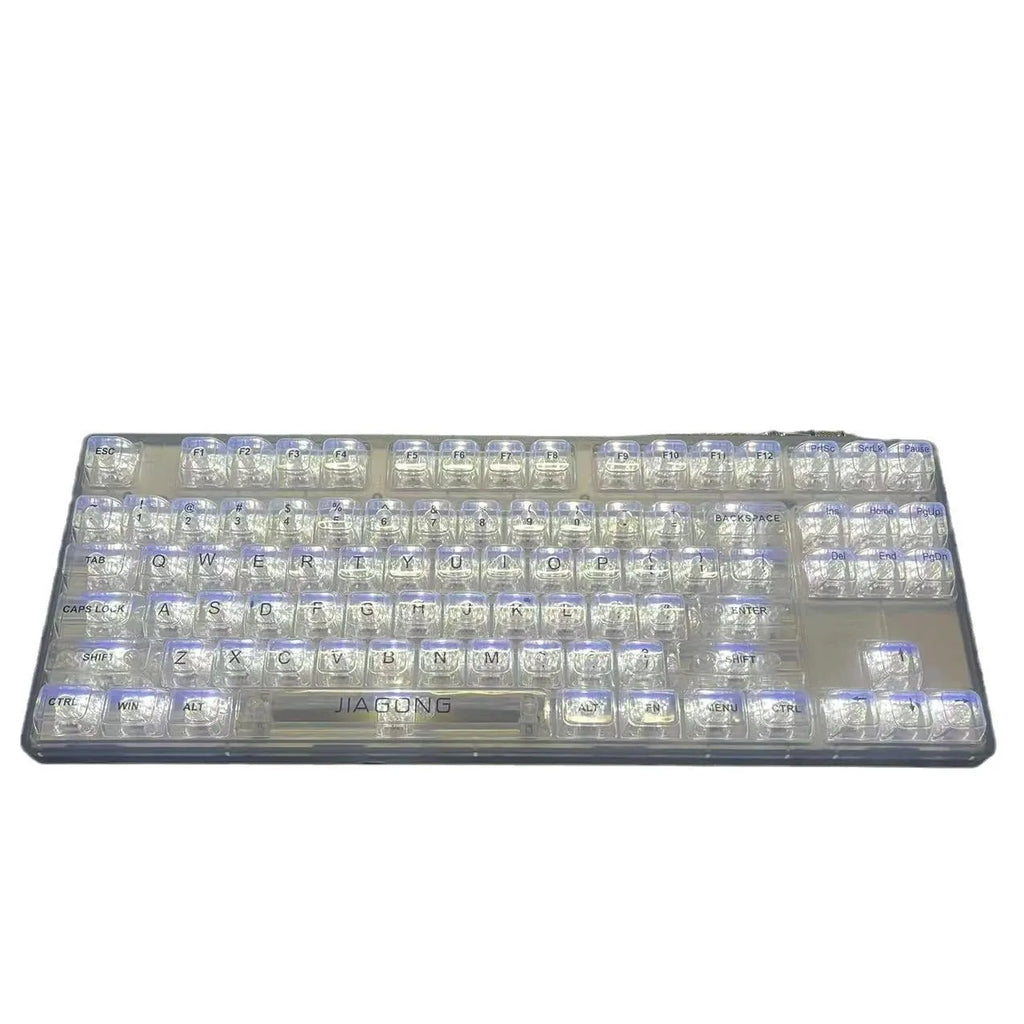 Transparent plastic 132-key mechanical keyboard key cap set displayed on white background