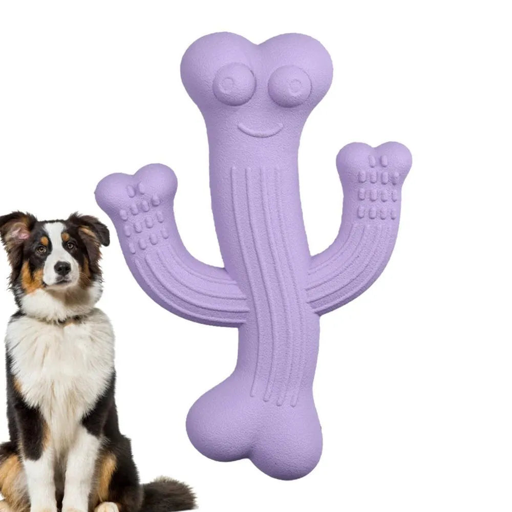 Beige, blue, and purple cactus-shaped dog chew toy made from bamboo fibre and rubber on a white background.