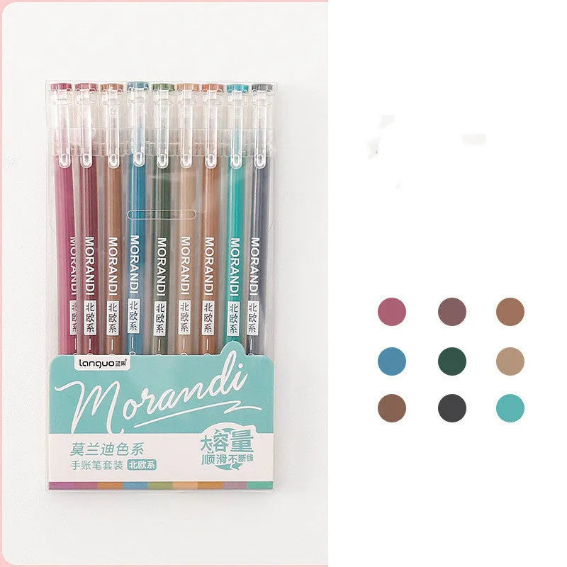 Set of nine retro-style coloured gel pens with 0.5mm needle tips on a white background.