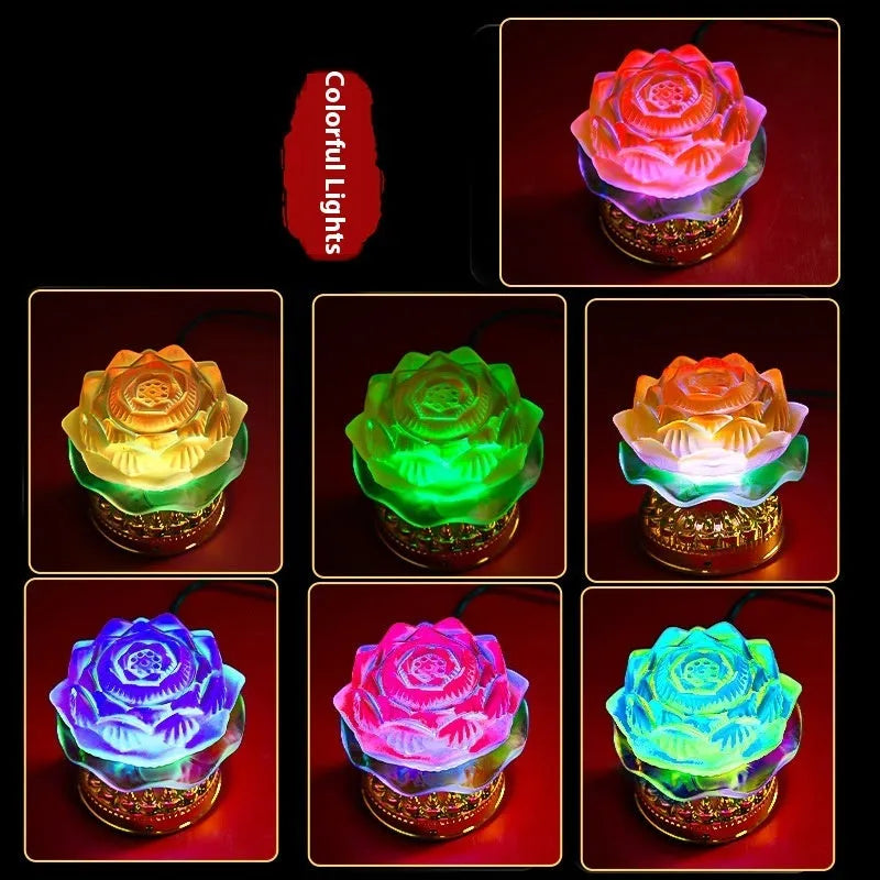 Yellow Chinese style ABS plastic lotus lamp for Buddha altar decoration, shown in bud and flowering styles.