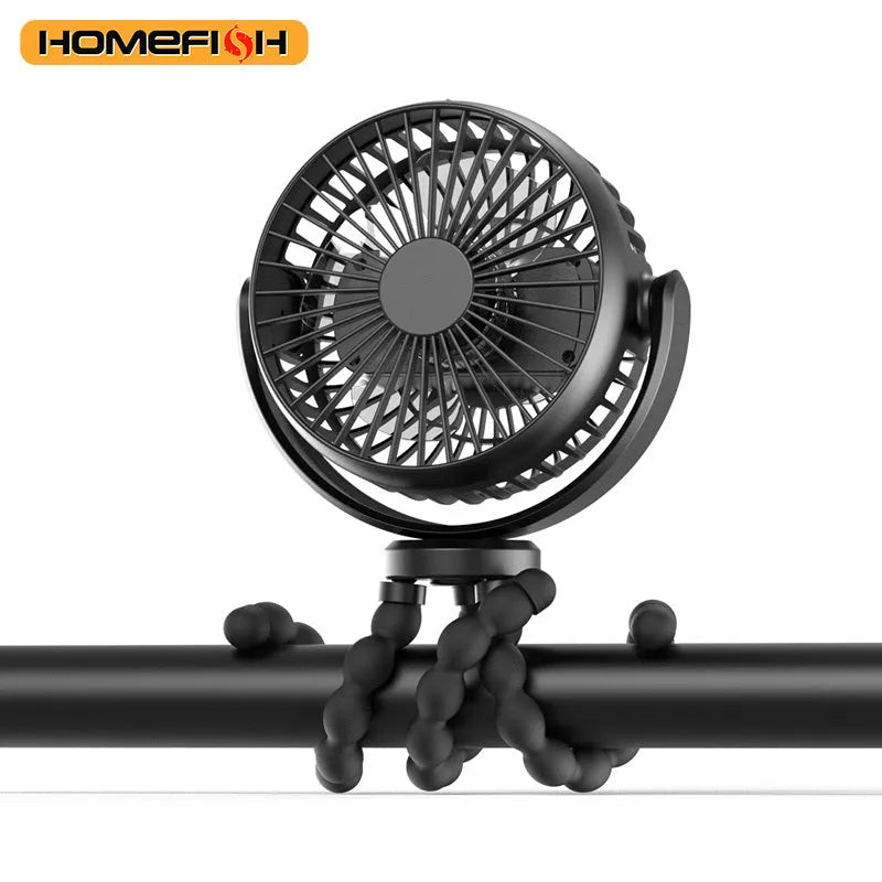HOMEFISH F2 automatic shake head portable fan with LED light and removable bracket.