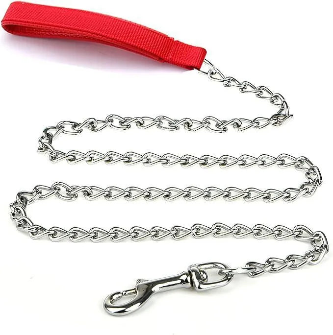 Heavy duty metal dog leash with chew-proof chain and soft blue padded handle.