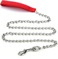 Heavy duty metal dog leash with chew-proof chain and soft blue padded handle.