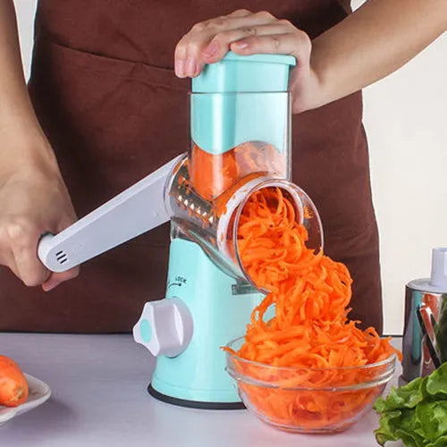 Round manual mandoline slicer with stainless steel blades in blue, green, or red colour