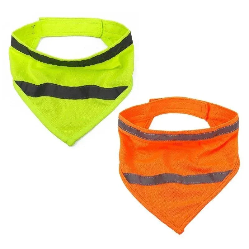Yellow and orange reflective dog bandana with striped design and adhesive strap, shown on a dog's neck.