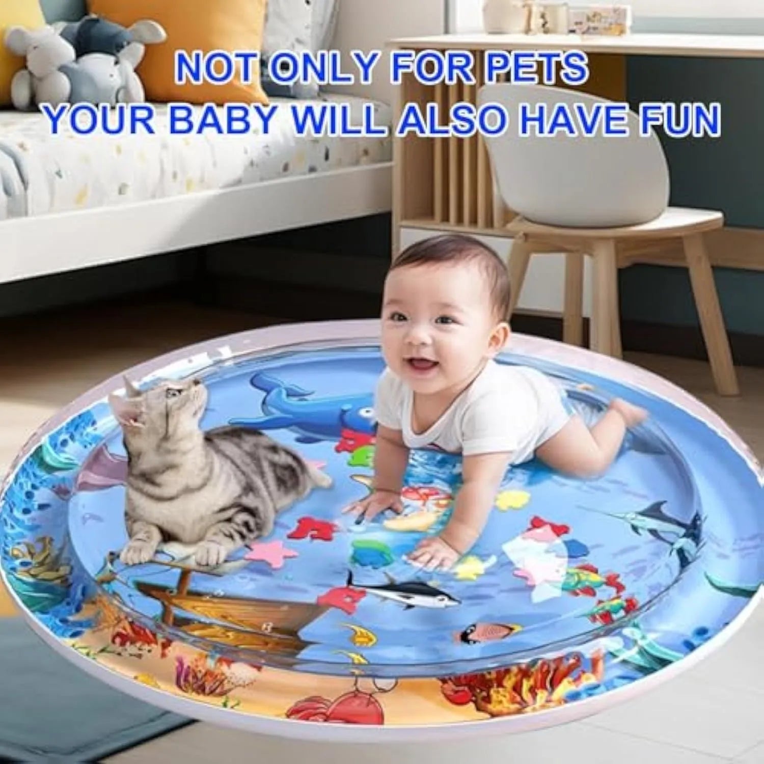 Blue 90cm diameter cat water playmat on floor with floating fish toys inside, shown with an inflator.