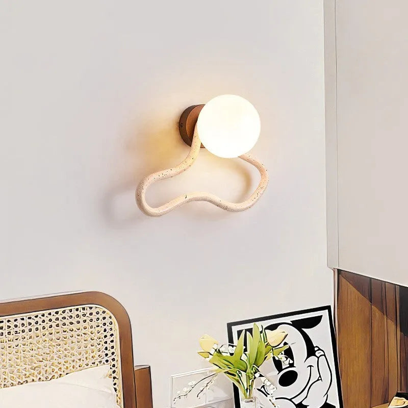 Middle Ancient style cream bedroom wall lamp with white travertine glass lampshade and solid wood base