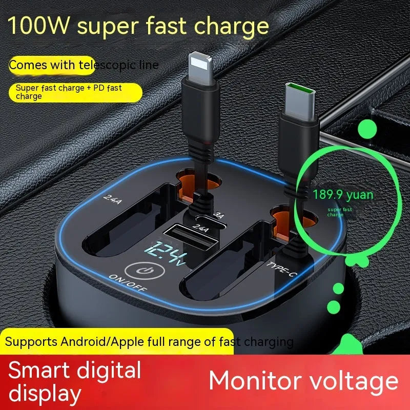 Gun grey matte black cup holder car charger with retractable cable showing multiple USB and Type-C charging ports