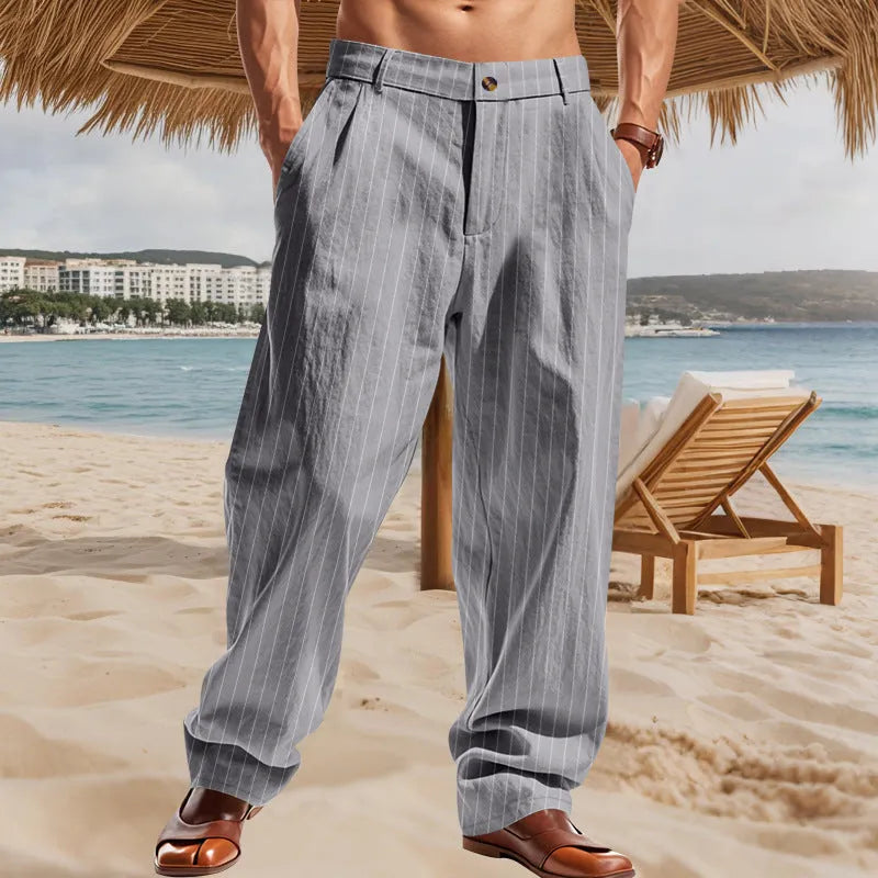 Linen striped high waist wide leg casual trousers shown in available colour options