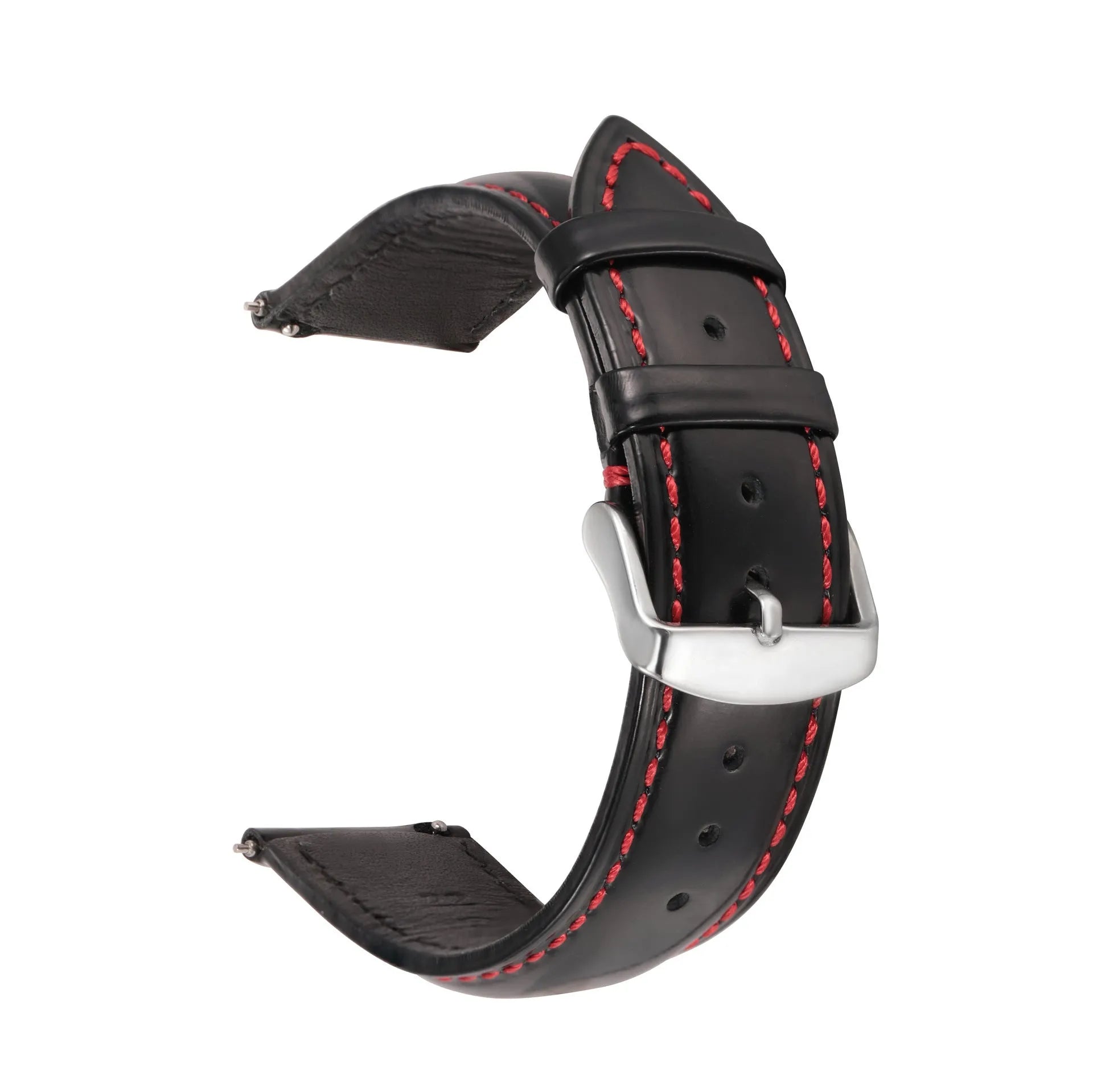 Quick release leather watch strap in bright cowhide, showing colour options and width sizes from 18mm to 22mm.