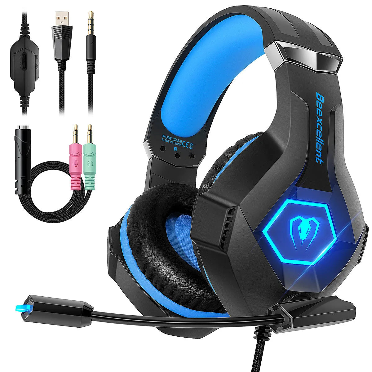 Thunder Wear luminous gaming headset with 50mm drivers and omnidirectional microphone in black with coloured accents