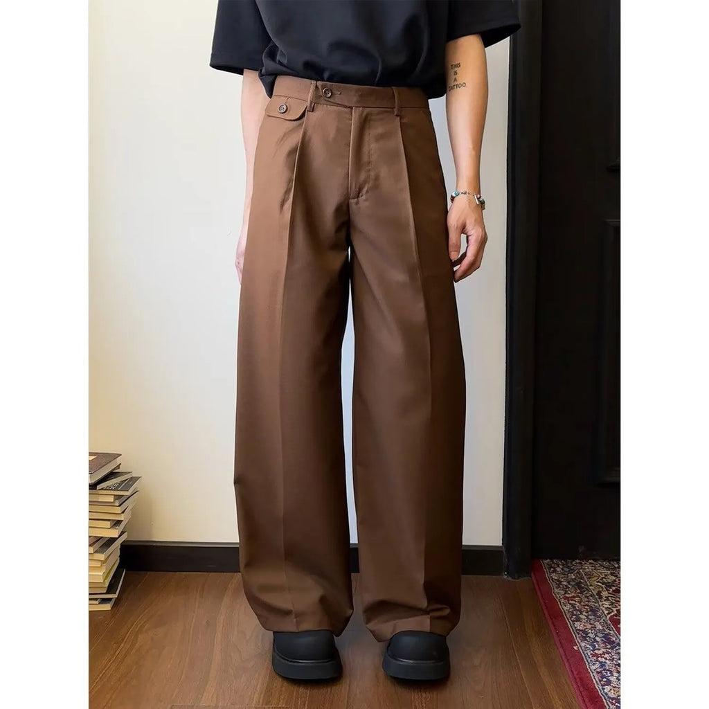 Men's straight-leg loose-fit casual suit trousers in brown and black colour options.