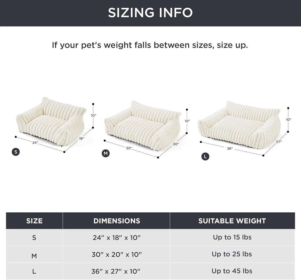 Beige corduroy cat couch with high backrest for pet support on a wooden floor.