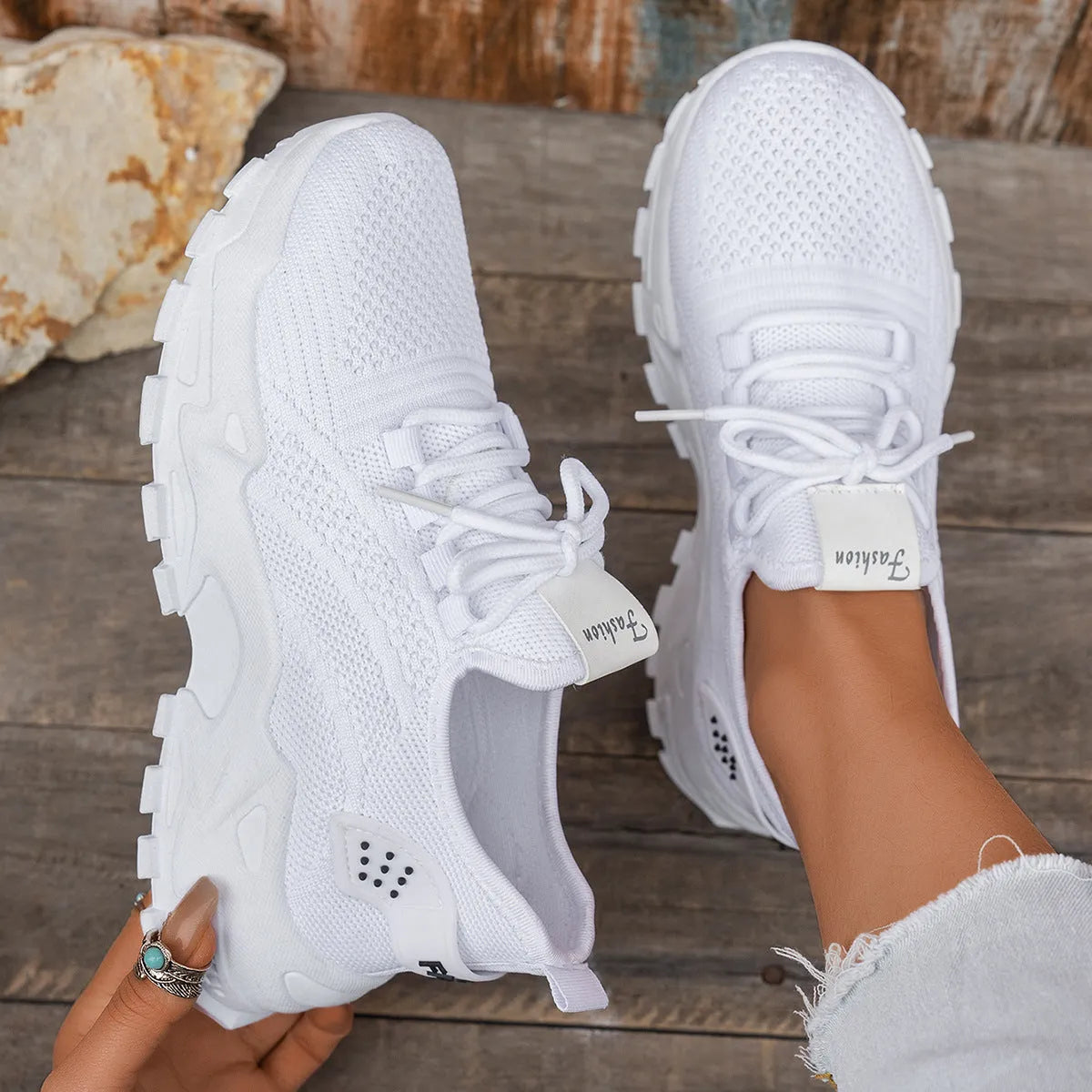 Women's Flyknit mesh sports casual shoes in multiple colours with flat heel and lace-up closure