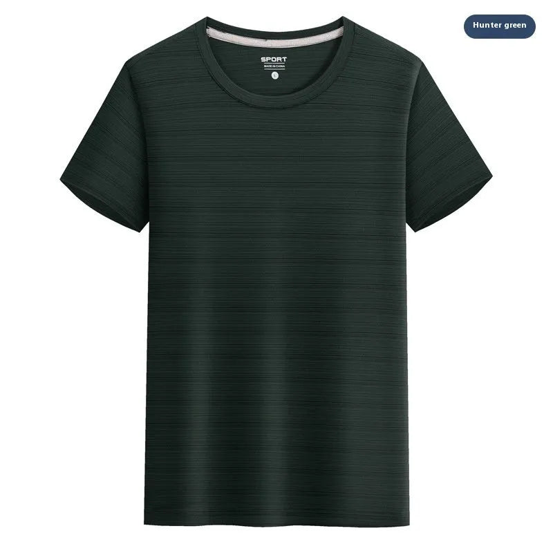 Crystal silk round neck quick-drying T-shirt in a solid colour on a hanger.