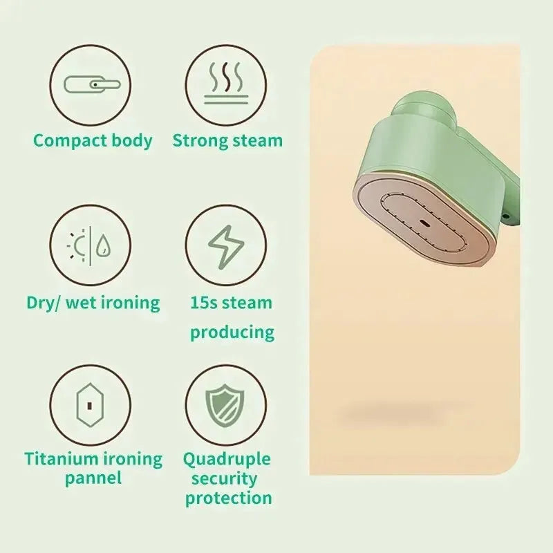 Green 800W portable garment steamer with foldable handle and titanium alloy panel, 70ml water fill, 1.6m cable, EU or UK plug.