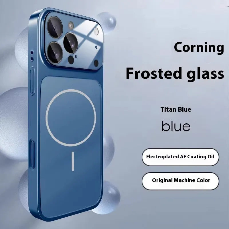 Frosted finish magnetic phone case for iPhone in orange colour showing tempered glass construction.