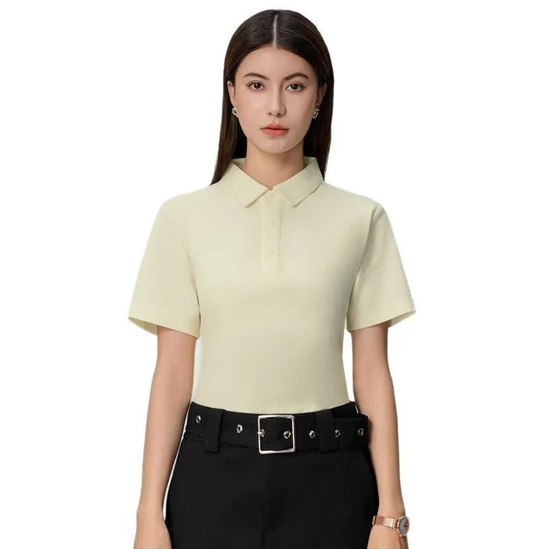 Short sleeve solid colour cotton blend polo shirt for summer business wear, shown in light apricot.