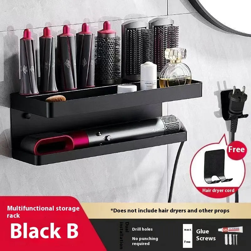 White punch-free double-layer aluminium bathroom storage rack for hair curlers on a countertop.