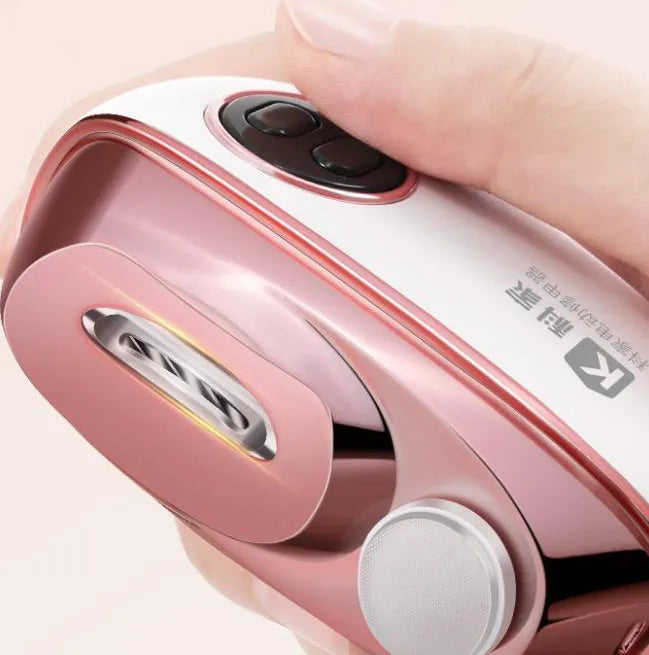 Blue electric nail clipper and polisher two-in-one tool with cleaning brush and USB cable.