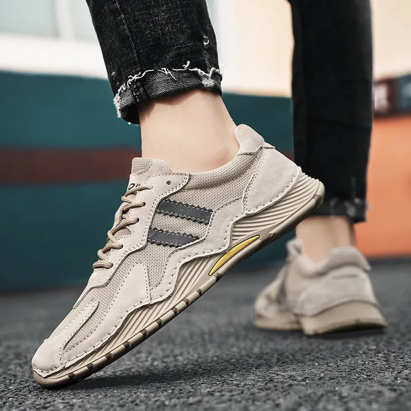 Men's low-top grey pigskin platform hiking boots with lace-up front and rubber sole.