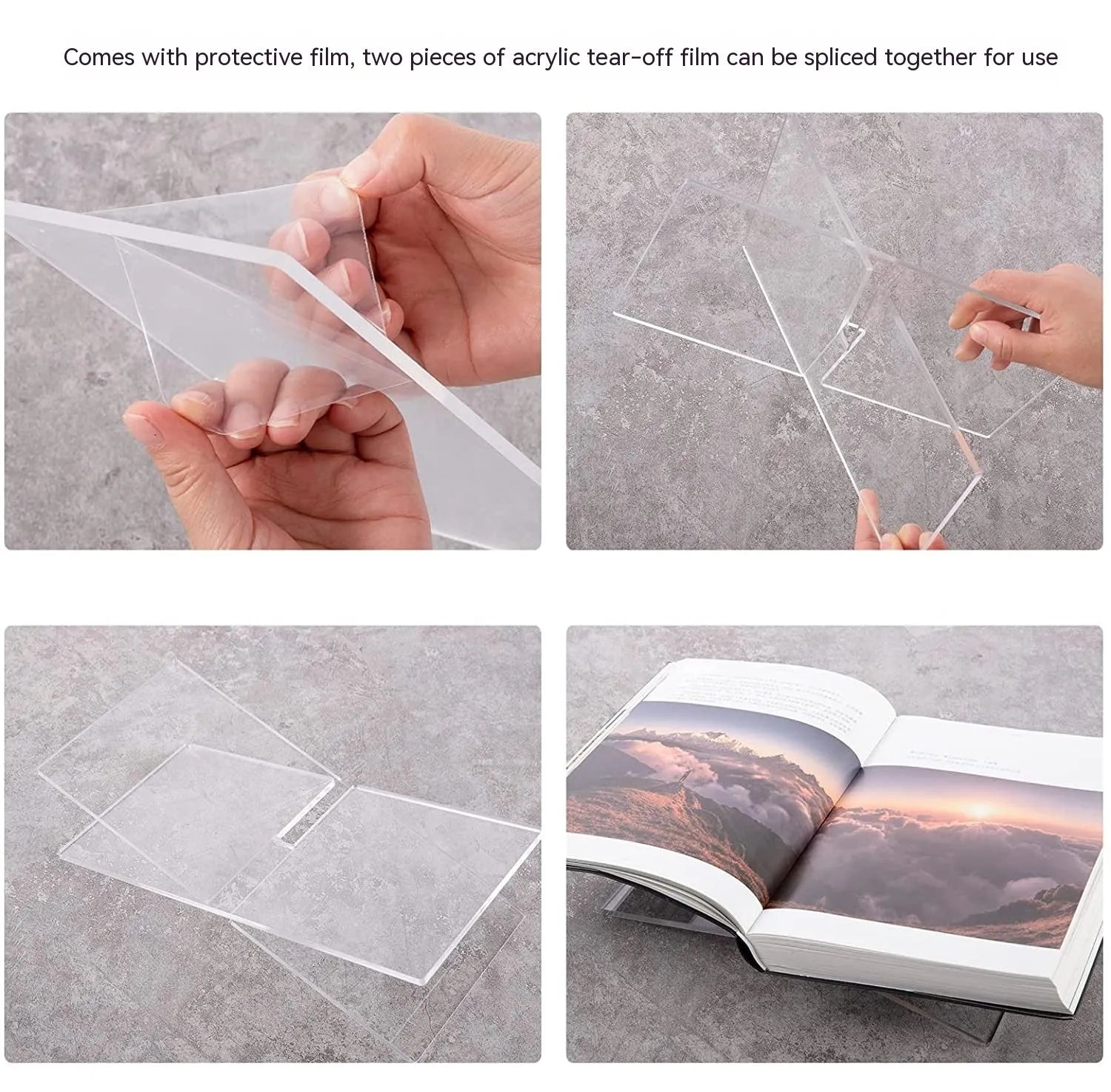 Clear acrylic X-shaped book display rack holding several upright books on a desk
