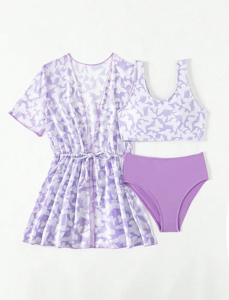 Girls' three piece split swimsuit set in colour 3218, showing coat, vest, and trousers.