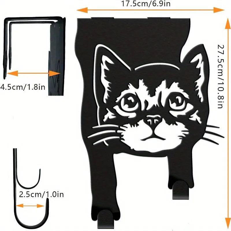 Black iron cat-shaped decorative wall hook for doors and rooms.