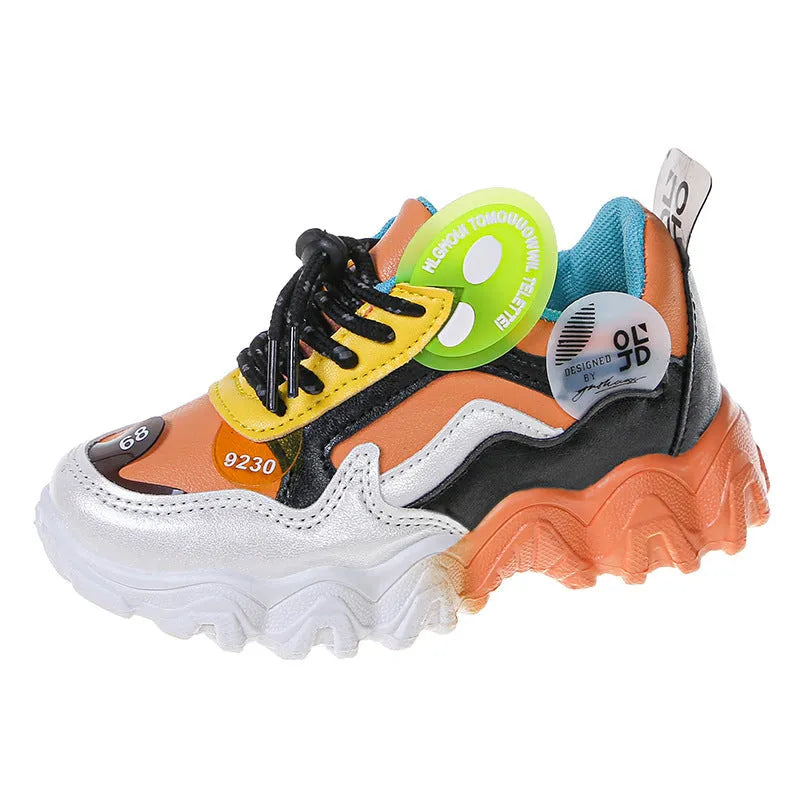 Children's colourblock wave bottom casual sneakers in blue and orange, PU upper, sizes 26 to 37