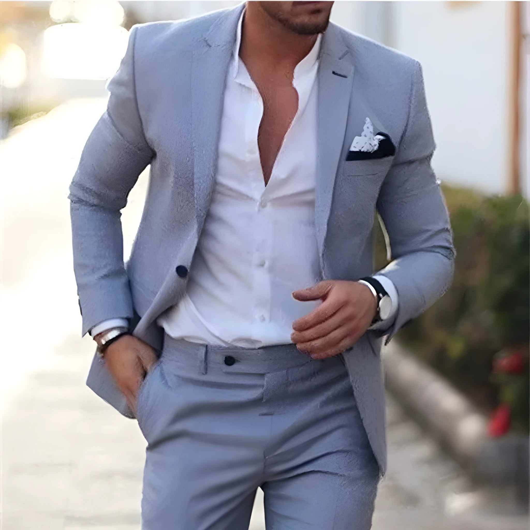 Men's plus size slim fit linen blend two-piece suit set in khaki with jacket and trousers on a hanger