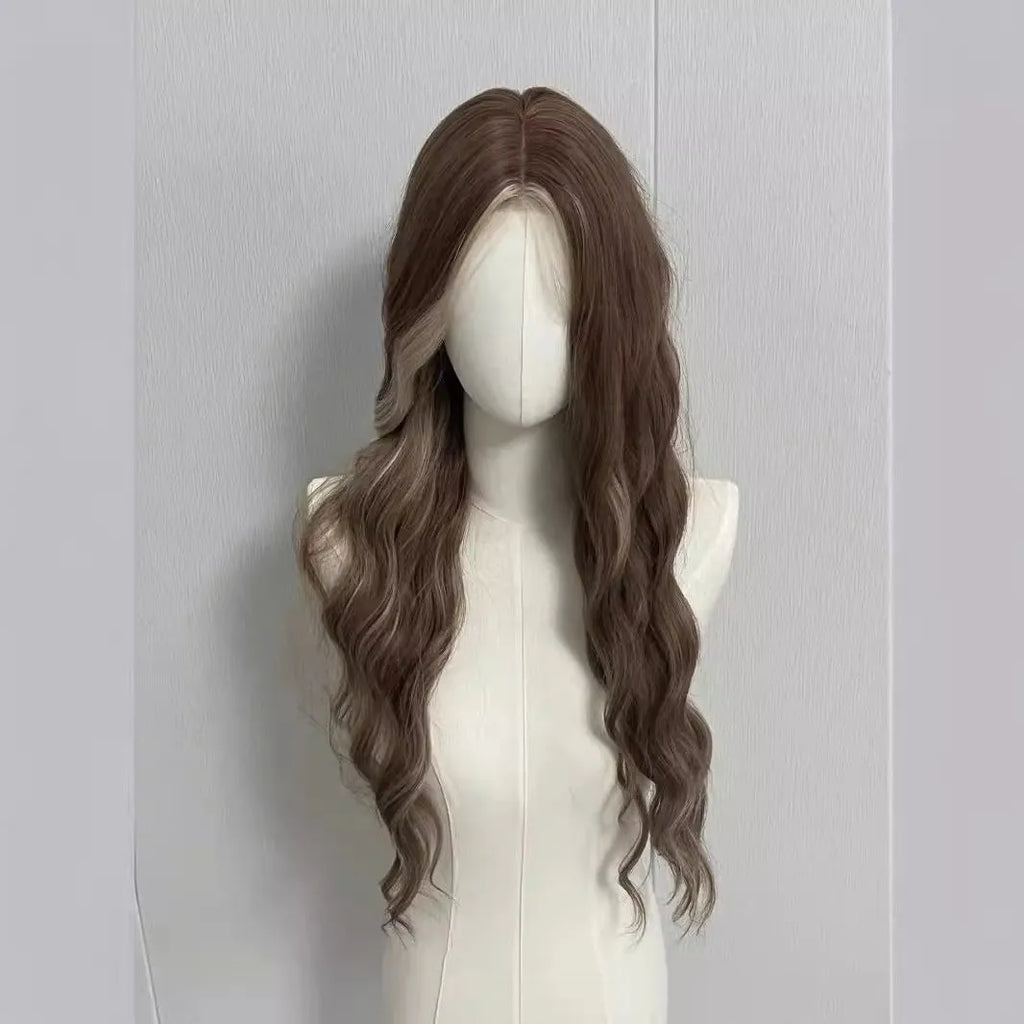 Lace front wig with long curly grey gold highlighted synthetic hair on display