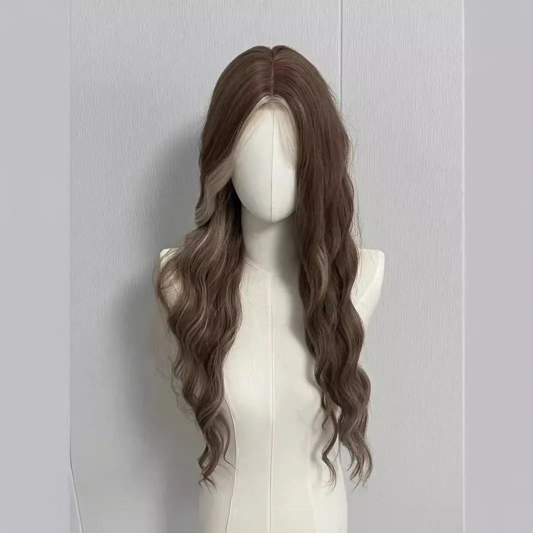 Lace front wig with long curly grey gold highlighted synthetic hair on display