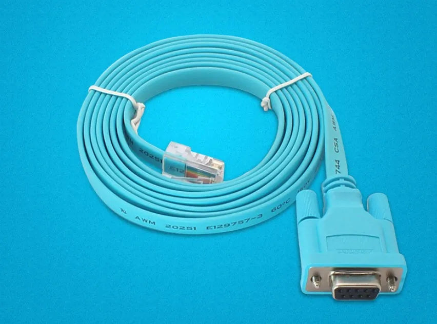 Sky-blue flat RJ45 to DB9 serial console cable with copper conductors, 1.5 metres long