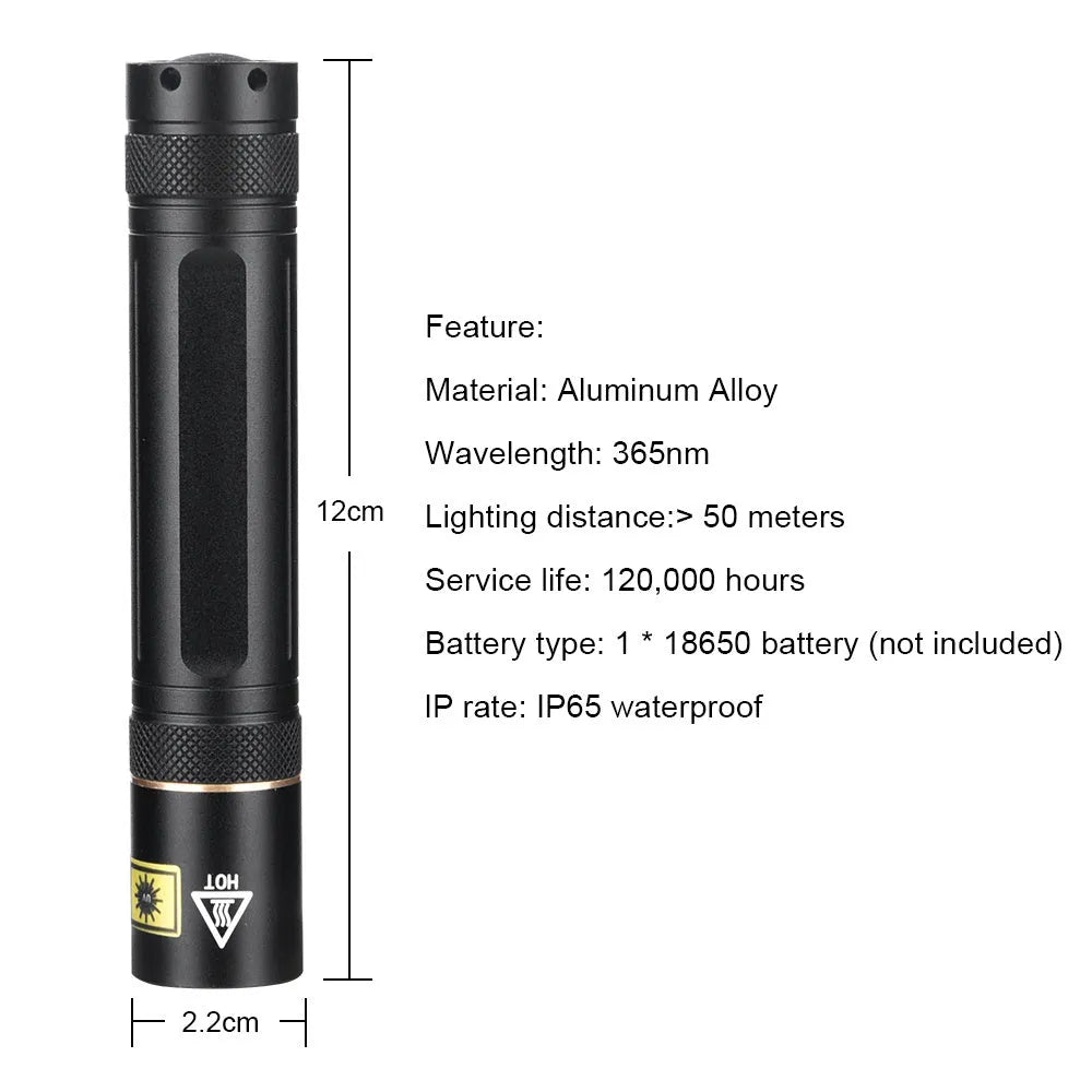 365nm UV fluorescence detection flashlight with aluminium alloy body and LED light source