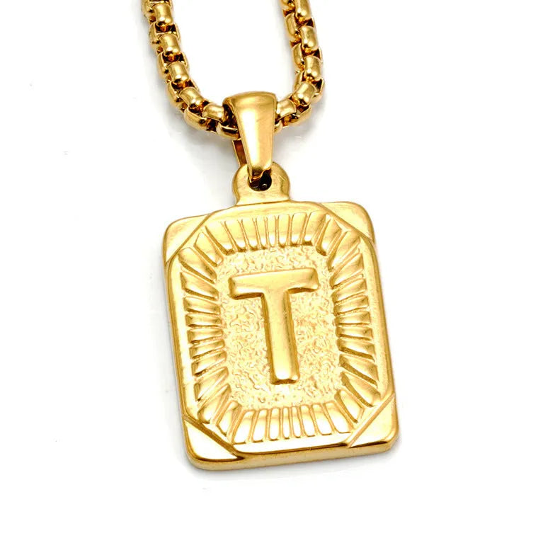 Gold-plated 18K titanium steel letter pendant necklace on a pearl chain, unisex design, gold colour