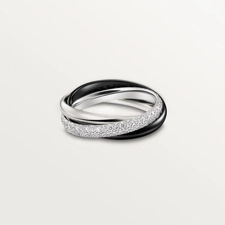 Geometric U-shaped sterling silver couple ring with a channel of sparkling diamonds, shown in a gold rose finish.