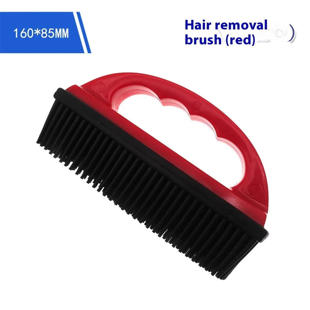 Red handheld pet hair removal brush for grooming and carpet cleaning, shown at 160mm by 85mm size.
