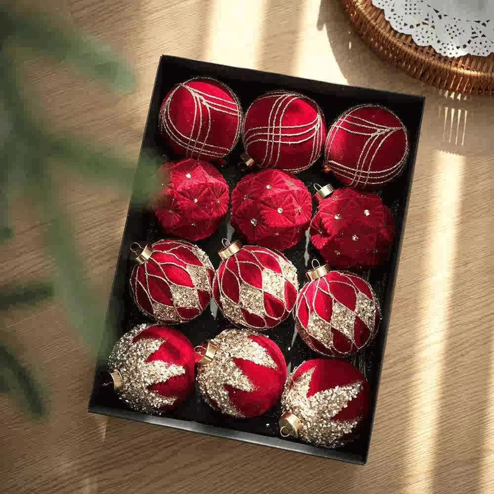 Twelve flocked Christmas ball pendants in wine red, milky white, and Maillard colour in a paper box