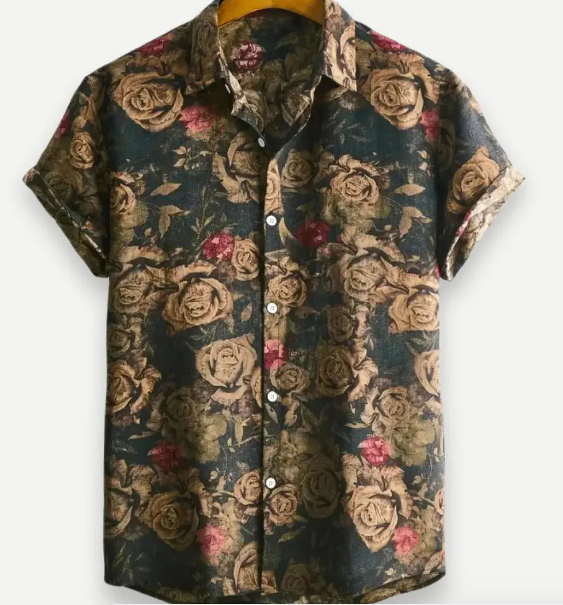 Hawaiian style short sleeve shirt with lapel collar and floral digital print, made from elastic polyester fabric.