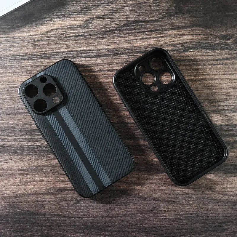Black pattern imitation leather anti-fall iPhone case, shockproof and fingerprint-proof, for iPhone 11-16 Pro Max