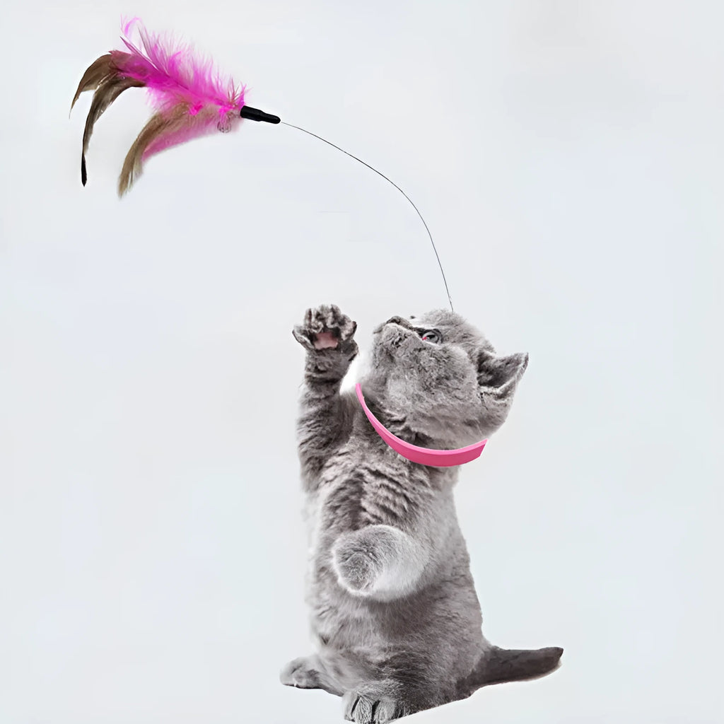 Blue adjustable cat collar toy with silicone teasing wand and feather attachment with bell