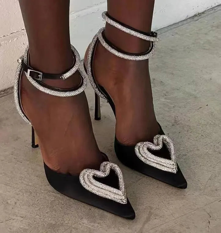 Women's pink heart rhinestone sandals with satin uppers and cross-strap design