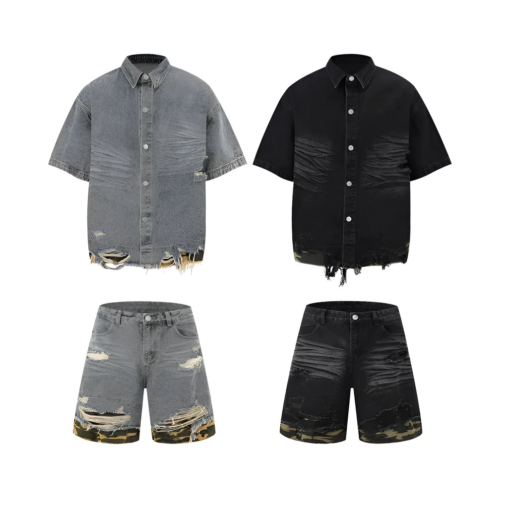 Black denim short sleeve jacket and shorts set with leopard print and cut edge stitching.