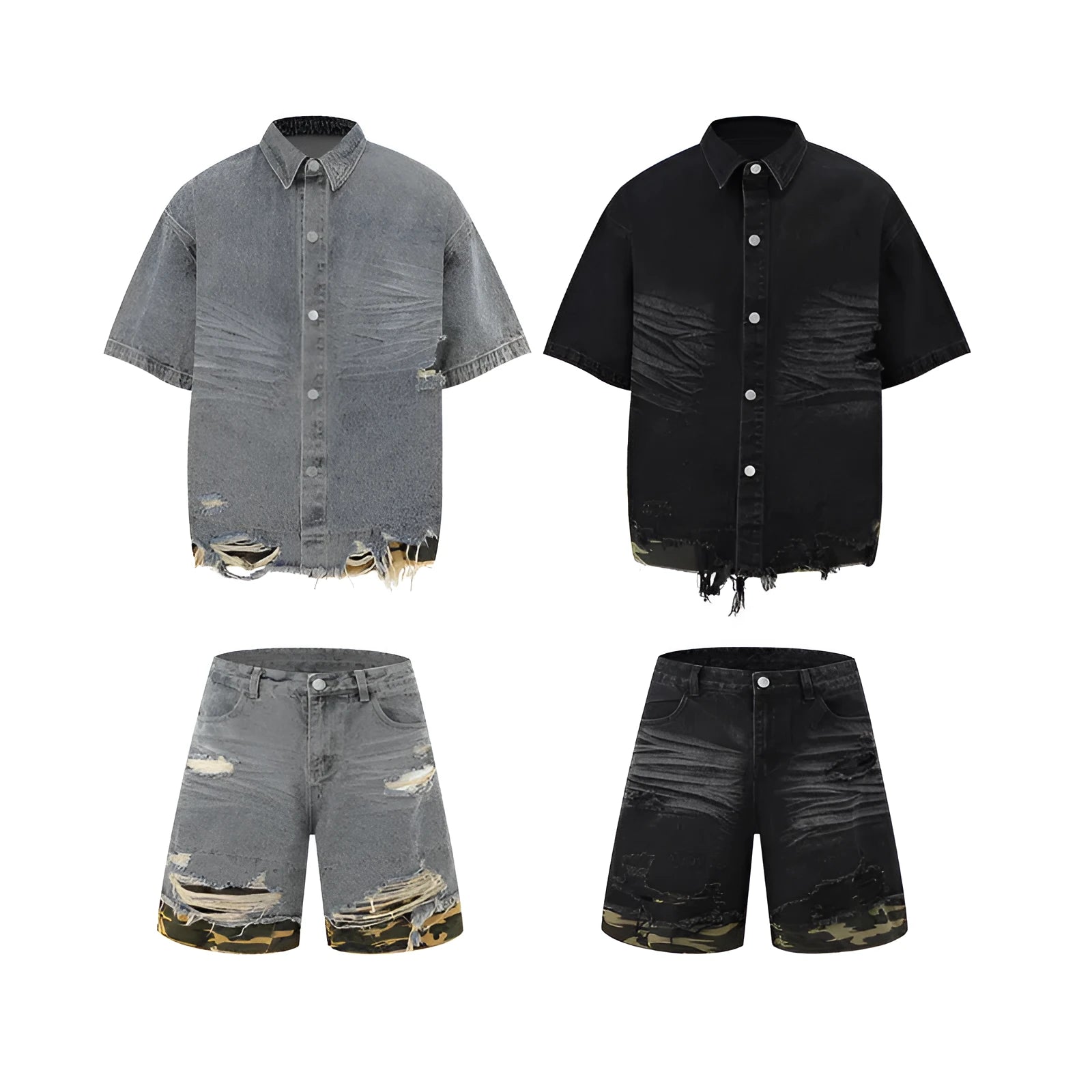 Black denim short sleeve jacket and shorts set with leopard print and cut edge stitching.