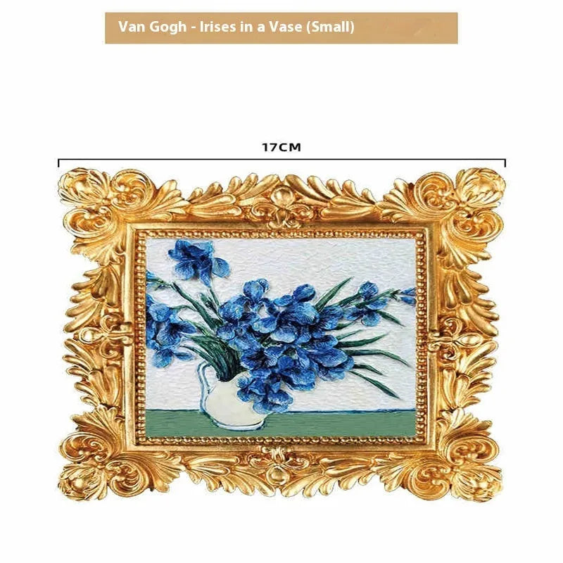DIY paint-by-numbers kit showing canvas, acrylic paint pots, and brushes for recreating Van Gogh's Starry Night.