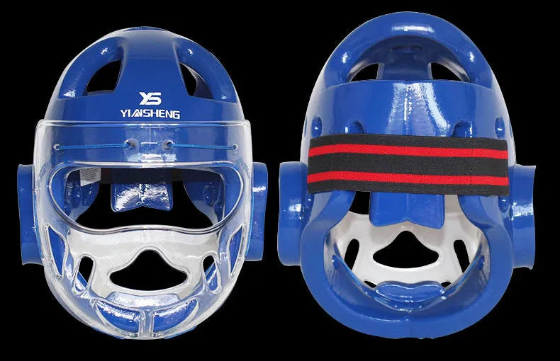 Karate boxing helmet for head protection, shown in white, blue, and red colour options.