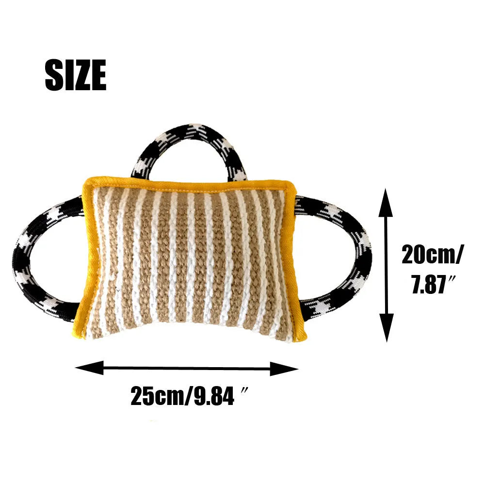 Dog rope tug toy with jute bite pillow and three handles in multiple colour options