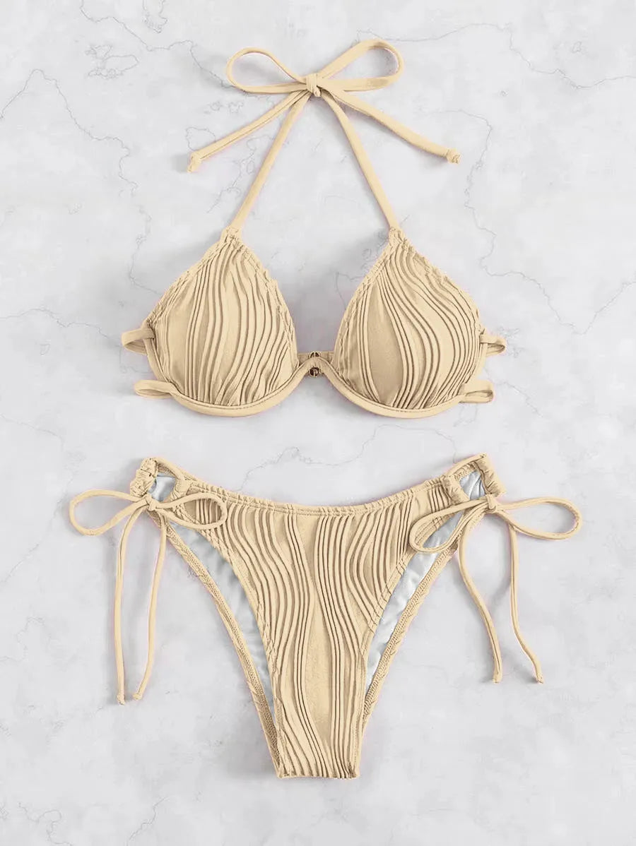 Women's apricot coloured bikini swimsuit with steel bracket underwire on a mannequin