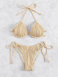 Women's apricot coloured bikini swimsuit with steel bracket underwire on a mannequin